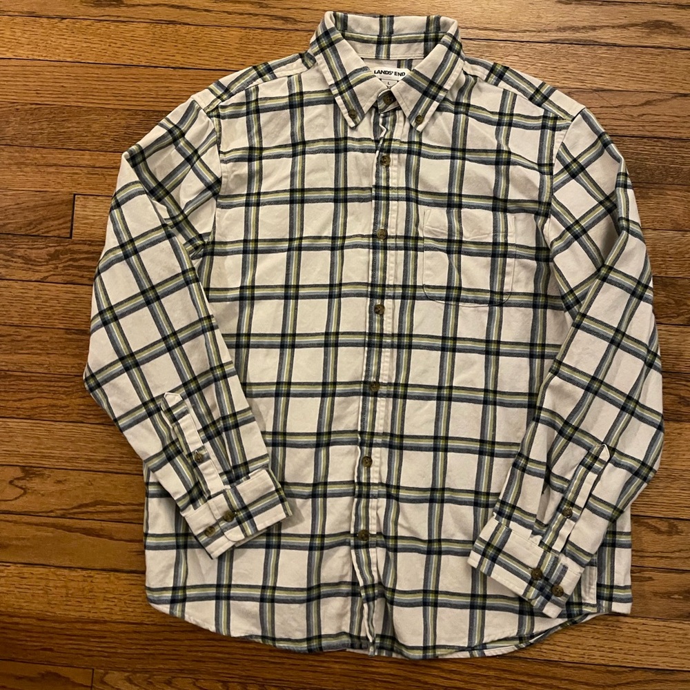 Lands End Traditional Fit 100% Cotton Button Down Beige/Green Large 42-44